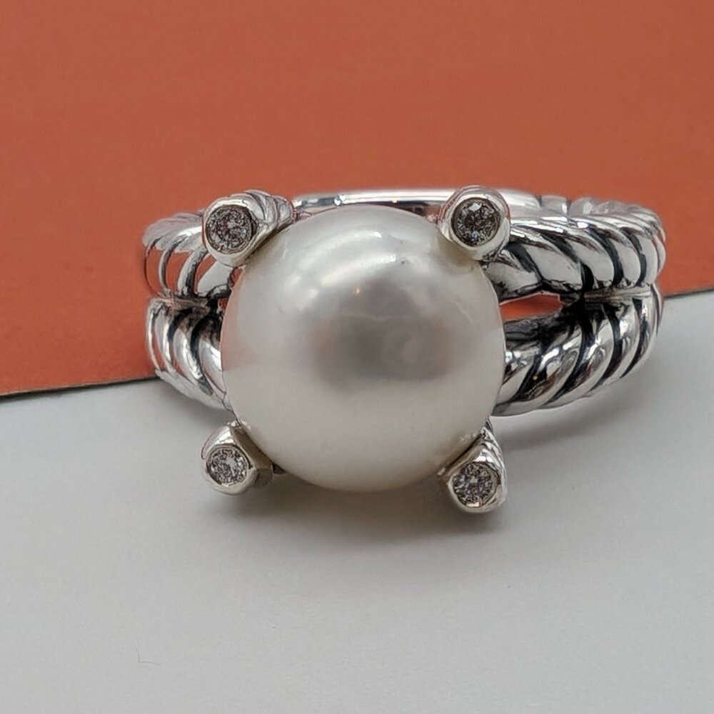 DAVID YURMAN Cable 10mm Pearl Ring With Diamonds Sterling Silver 925 Size 6